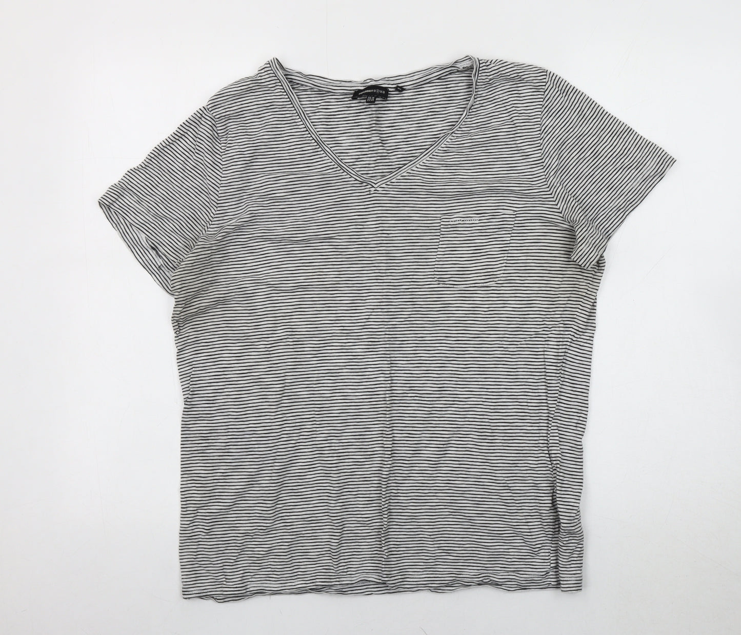 Superdry Women's Black Striped T-Shirt, V-Neck, Size 16