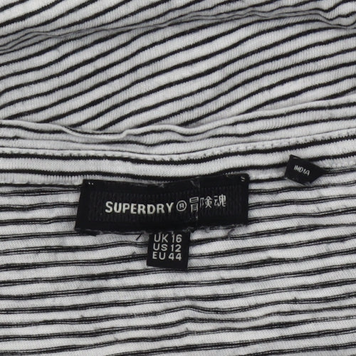 Superdry Women's Black Striped T-Shirt, V-Neck, Size 16