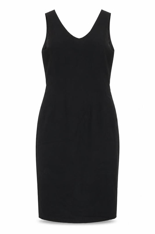Front view of Warehouse Women's Black Midi Sheath Dress, size 12