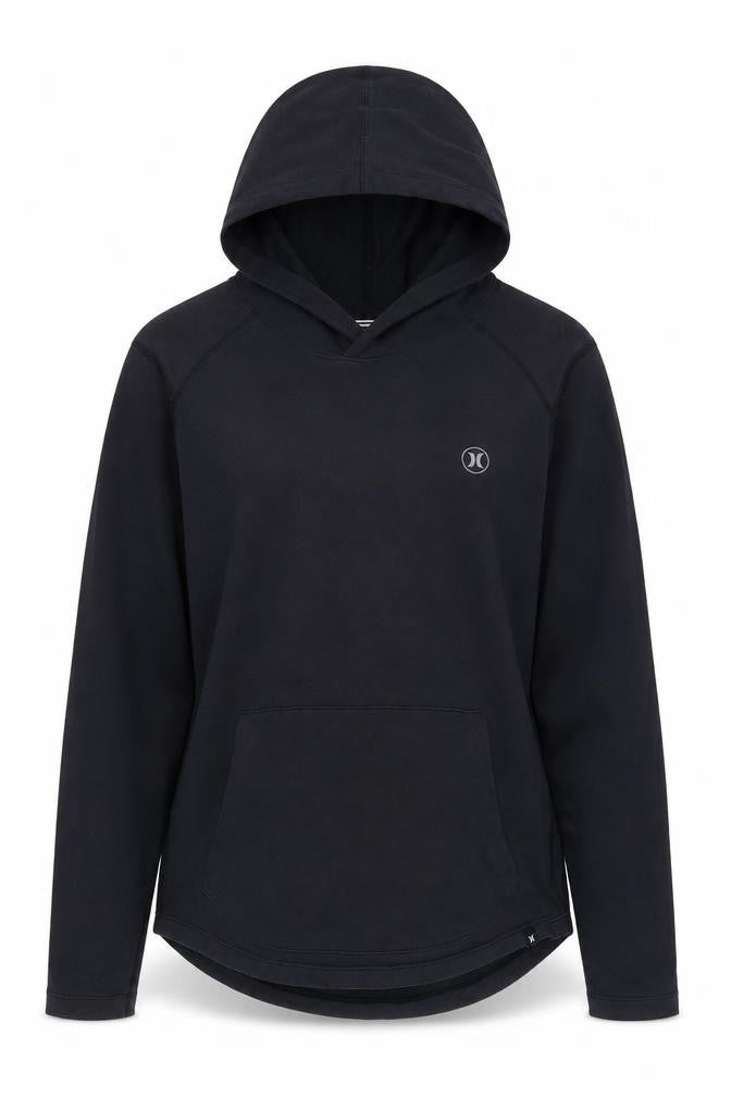 Front view of Hurley unisex black pullover hoodie, small, lightweight