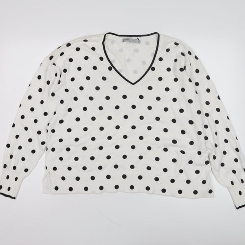 Oasis Women's White Polka Dot V-Neck Pullover Jumper M