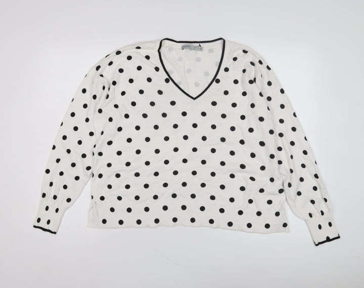 Oasis Women's White Polka Dot V-Neck Pullover Jumper M