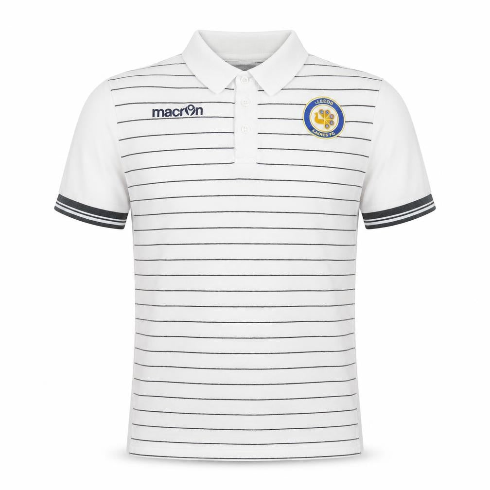 Front view of Macron Men's White Striped Polo Shirt M