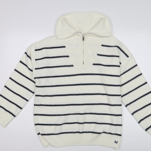 Crew Clothing Women's White Striped Full Zip Jumper