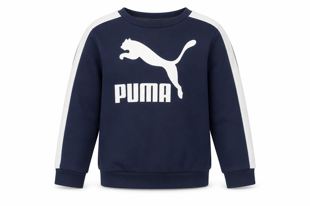 Front view of Puma boys’' blue crew neck sweatshirt 2-3 years