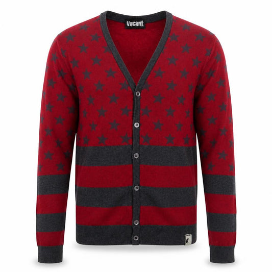 Front view of Vacant Men's Red Cardigan Jumper S Size Stars