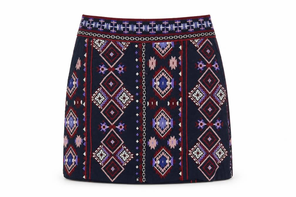 Front view of Monsoon Women's Blue Embroidered Skirt, size 12