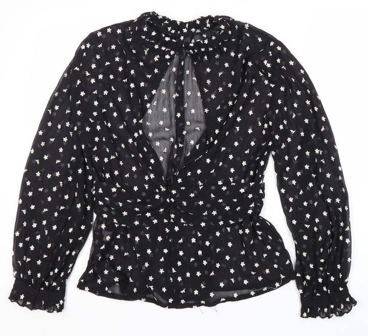 Zara Women's Black Floral Tunic Blouse, Size 12, High Neck