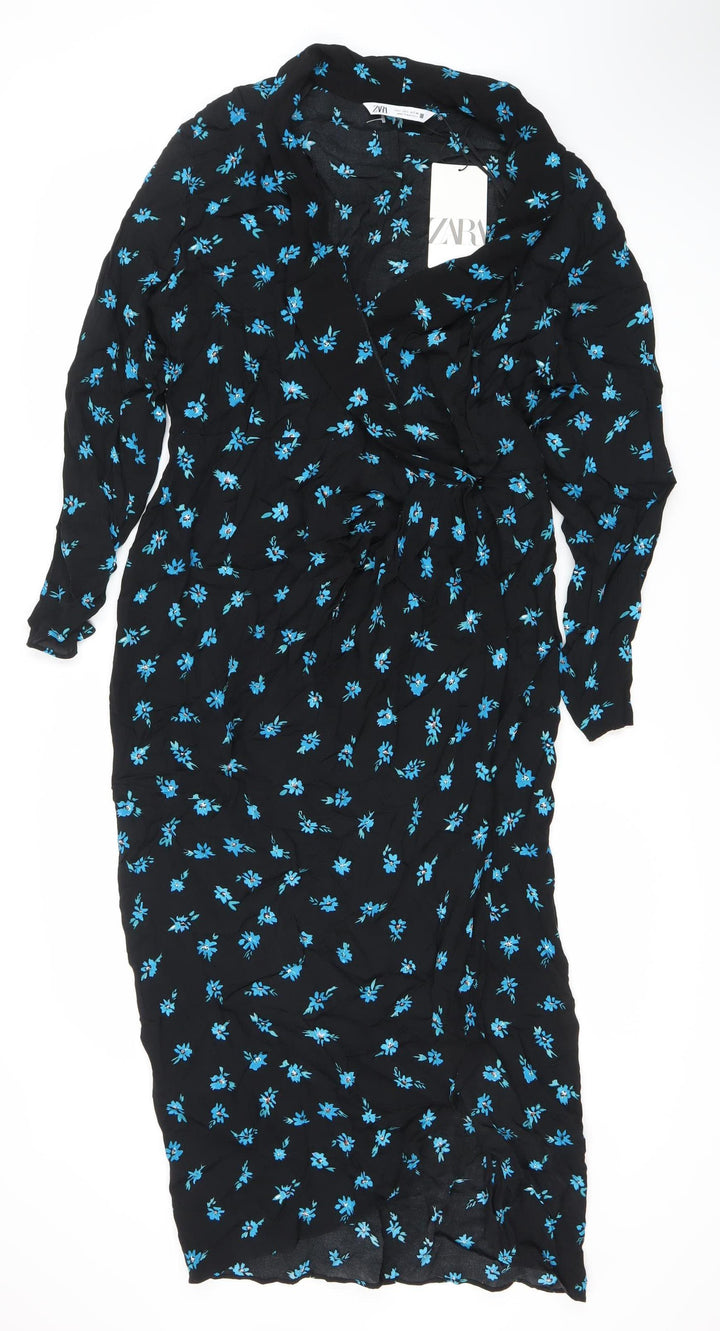 Zara Women's Black Floral Long Dress Size L Viscose