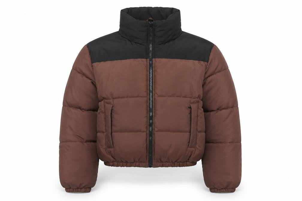 Front view of Boohoo Women's Brown Puffer Jacket 8