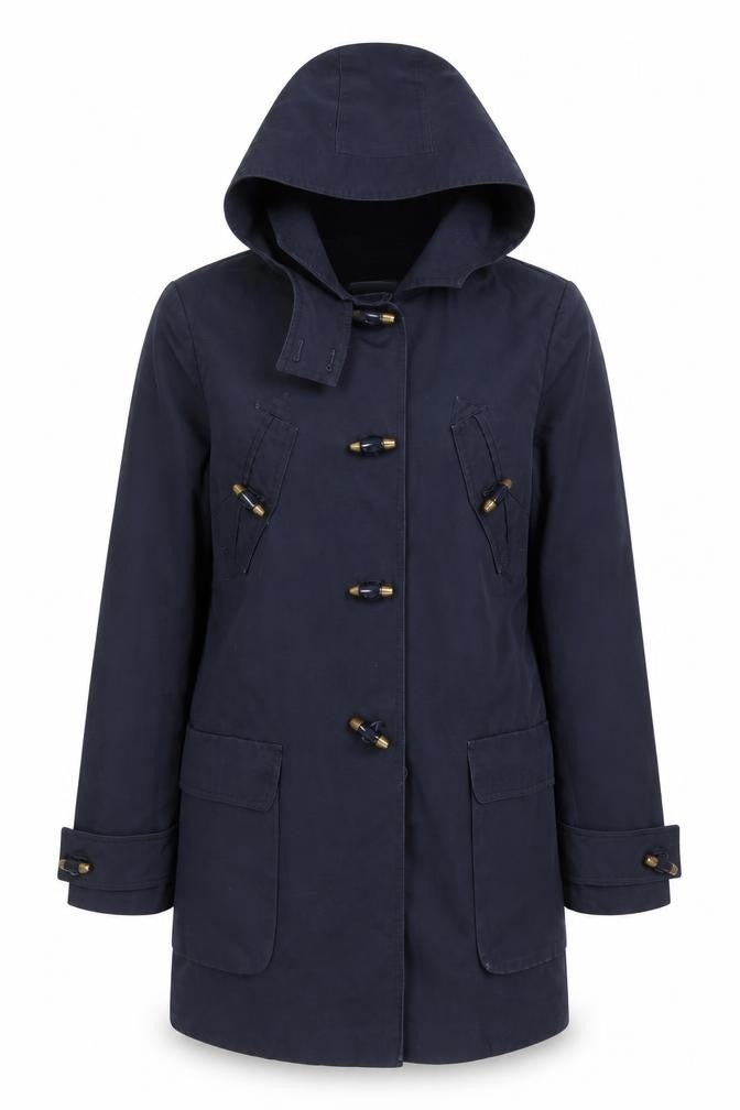 Front view of ASOS Women's Blue Duffle Coat, size 10, Hooded