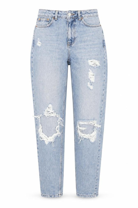 Front view of Topshop Women's Blue Distressed Mom Jeans, size 6