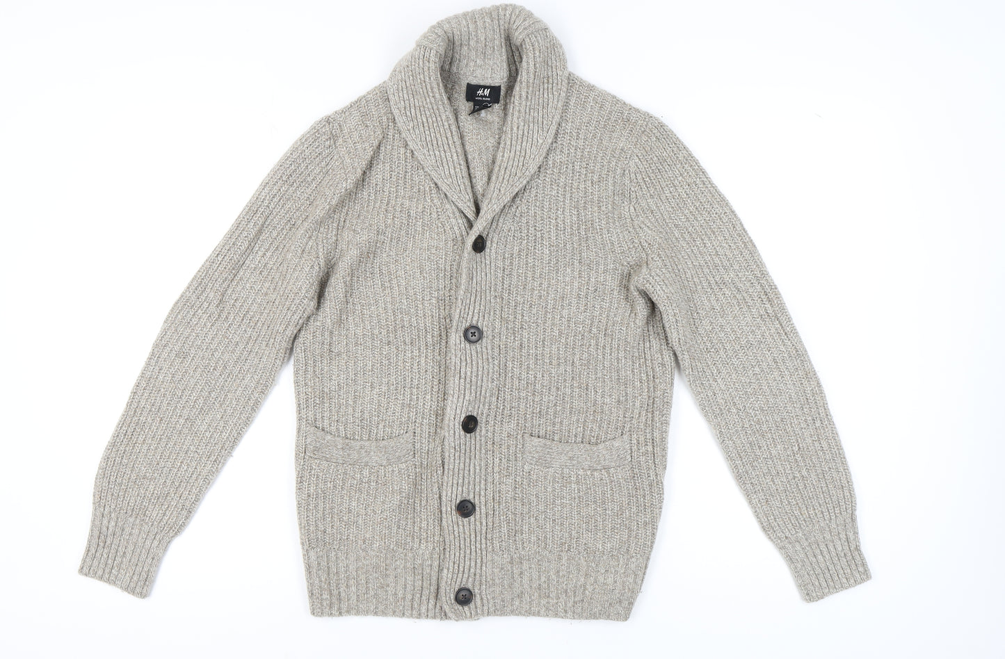 H&M Men's Beige Cardigan, Size M, Knit Wool Blend
