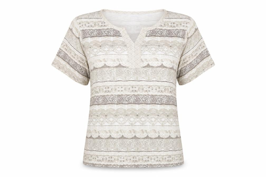 Front view of Bonmarché Women's Beige M Geometric T-Shirt