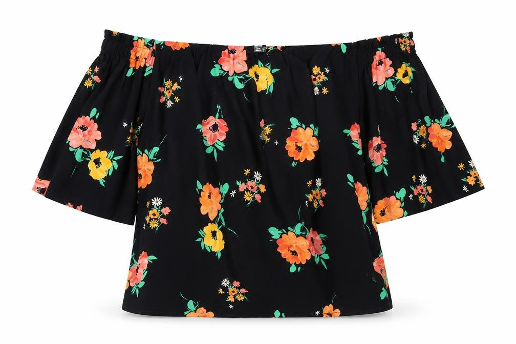 Front view of New Look Women's Black Floral Off Shoulder Blouse, size 30