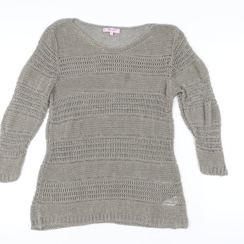 Marks and Spencer Women's Grey Open-Knit V-Neck Jumper L