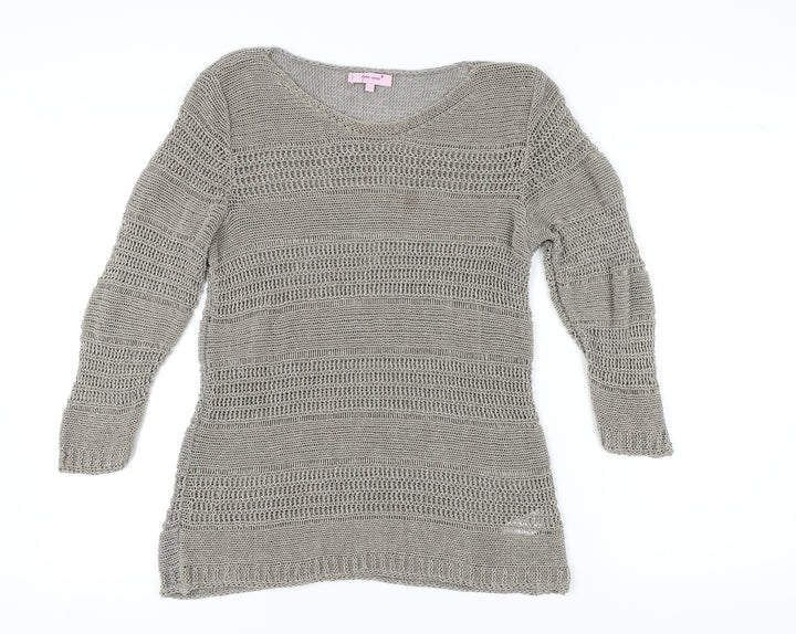 Marks and Spencer Women's Grey Open-Knit V-Neck Jumper L