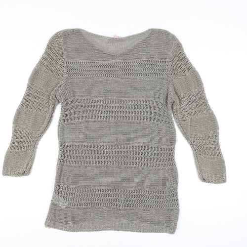 Marks and Spencer Women's Grey Open-Knit V-Neck Jumper L