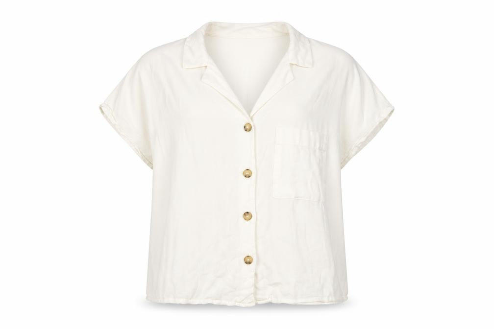 Front view of Bershka Women's White Button-Up Shirt L Casual Elegant
