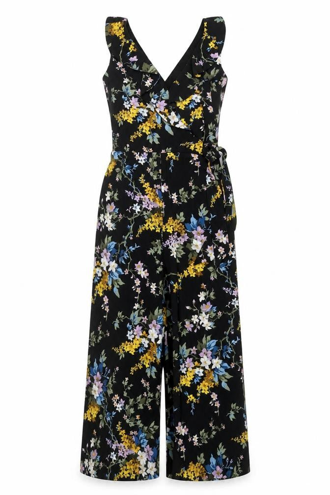 Front view of Warehouse Women's Black Floral Jumpsuit 8 Sleeveless