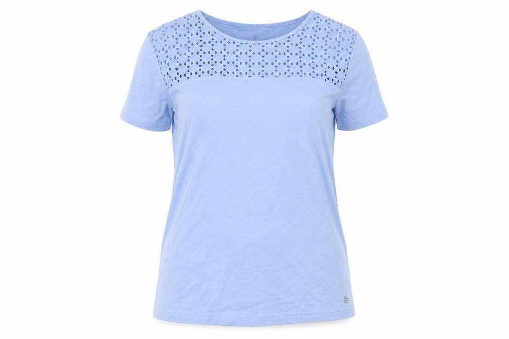 Front view of Maine New England Women's Blue Crochet Accent T-Shirt, size 16