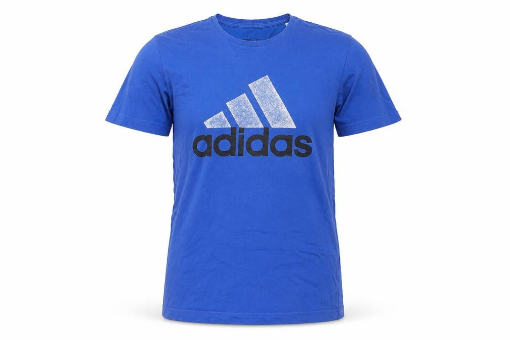 Front view of Adidas Men's Blue Graphic Print T-Shirt, size M