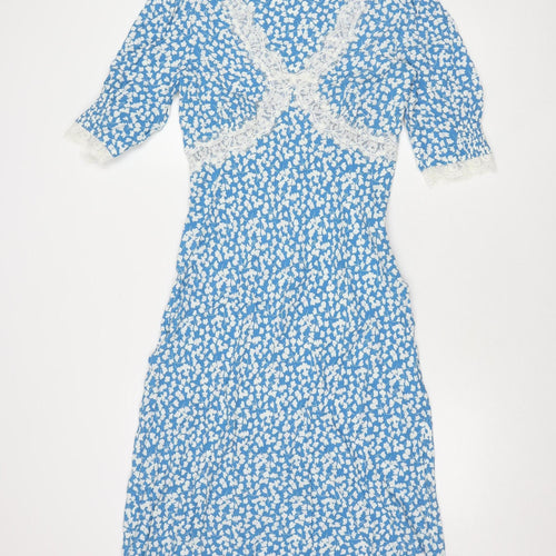 Marks and Spencer Women's Blue Floral Dress, Size 8