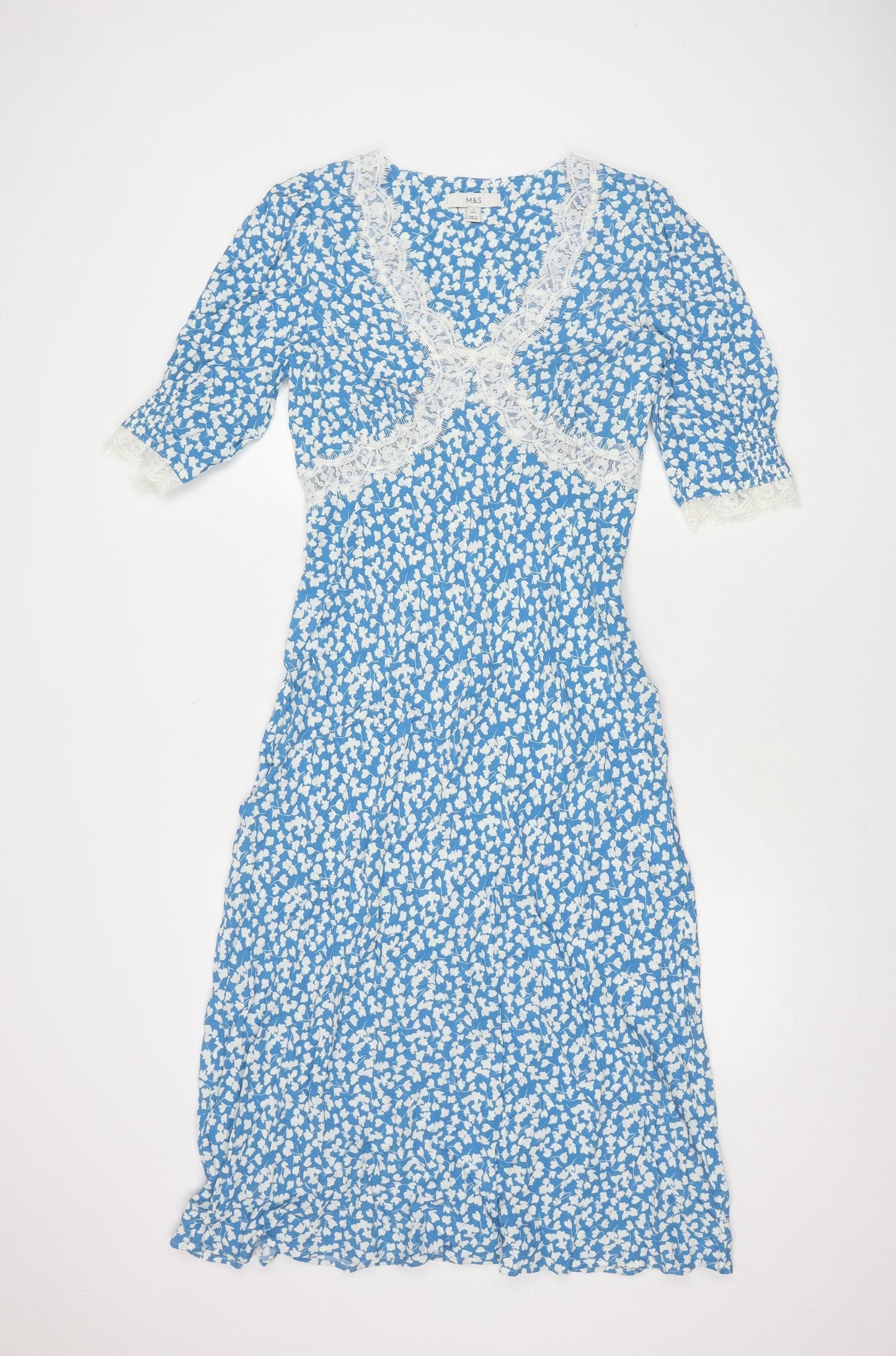Marks and Spencer Women's Blue Floral Dress, Size 8