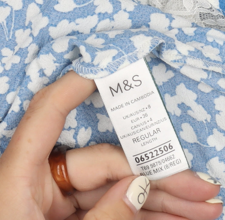 Marks and Spencer Women's Blue Floral Dress, Size 8