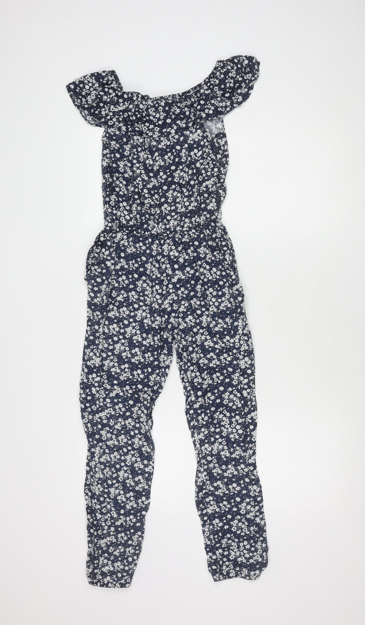H&M Girls Blue Floral Jumpsuit, Off Shoulder, Size 12