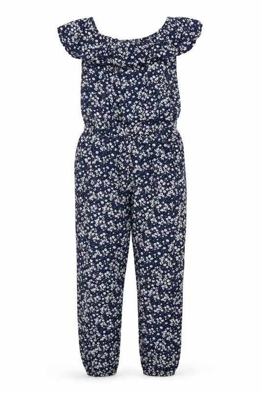 Front view of H&M girls’ blue floral jumpsuit, off shoulder, size 12