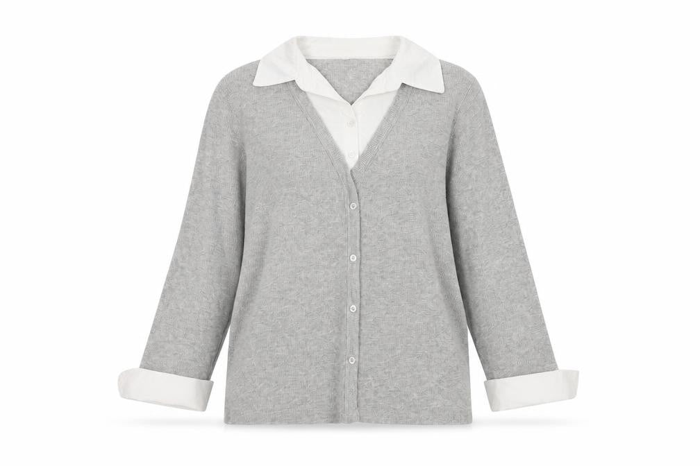 Front view of Next Women's Grey Knit Button-Up Collared Shirt