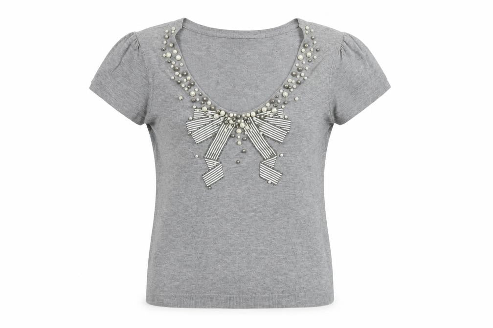 Front view of Phase Eight Grey Beaded Bow Women's T-Shirt, size 16