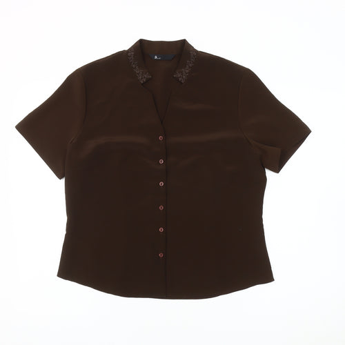 BHS Women's Brown Button-Up Shirt Size 14 with Embroidery