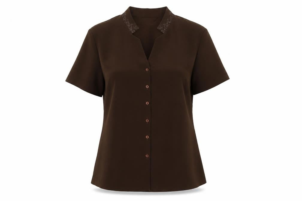 Front view of BHS Women's Brown Button-Up Shirt, size 14, with Embroidery