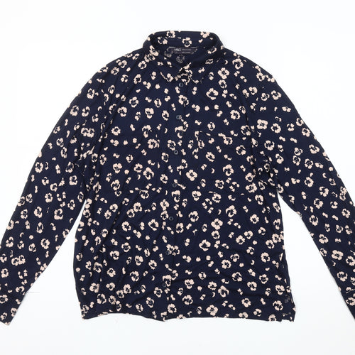 Marks and Spencer Women's Blue Floral Button-Up Shirt