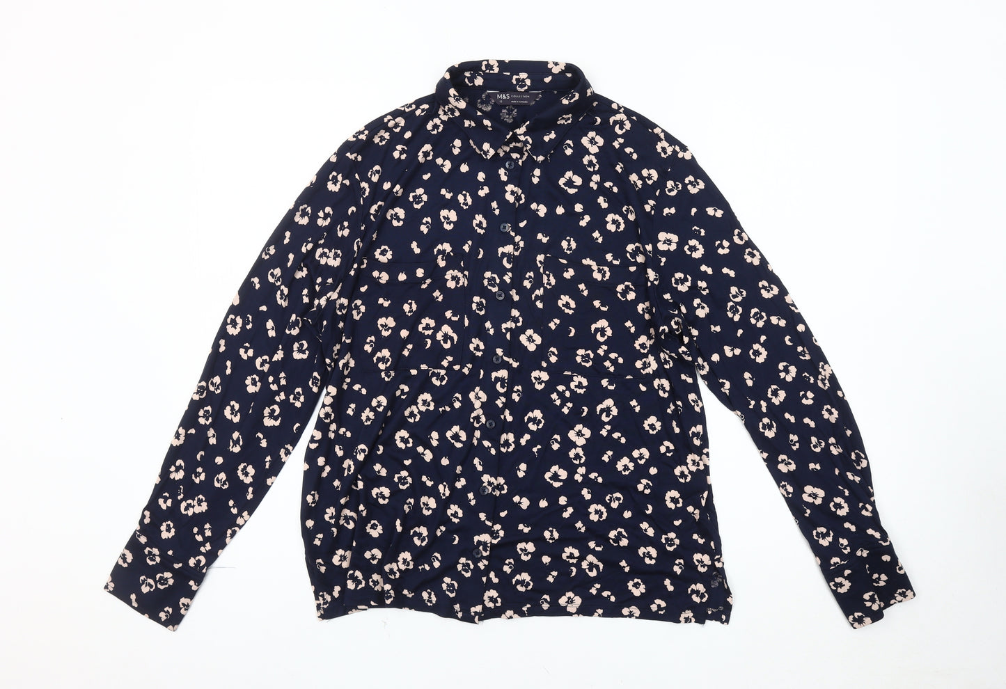 Marks and Spencer Women's Blue Floral Button-Up Shirt