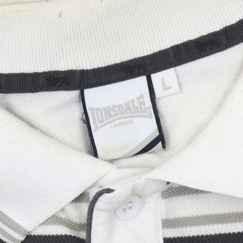 Lonsdale Men's White Striped Polo Shirt - L