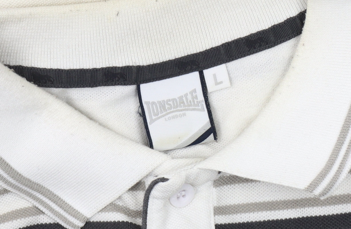 Lonsdale Men's White Striped Polo Shirt - L