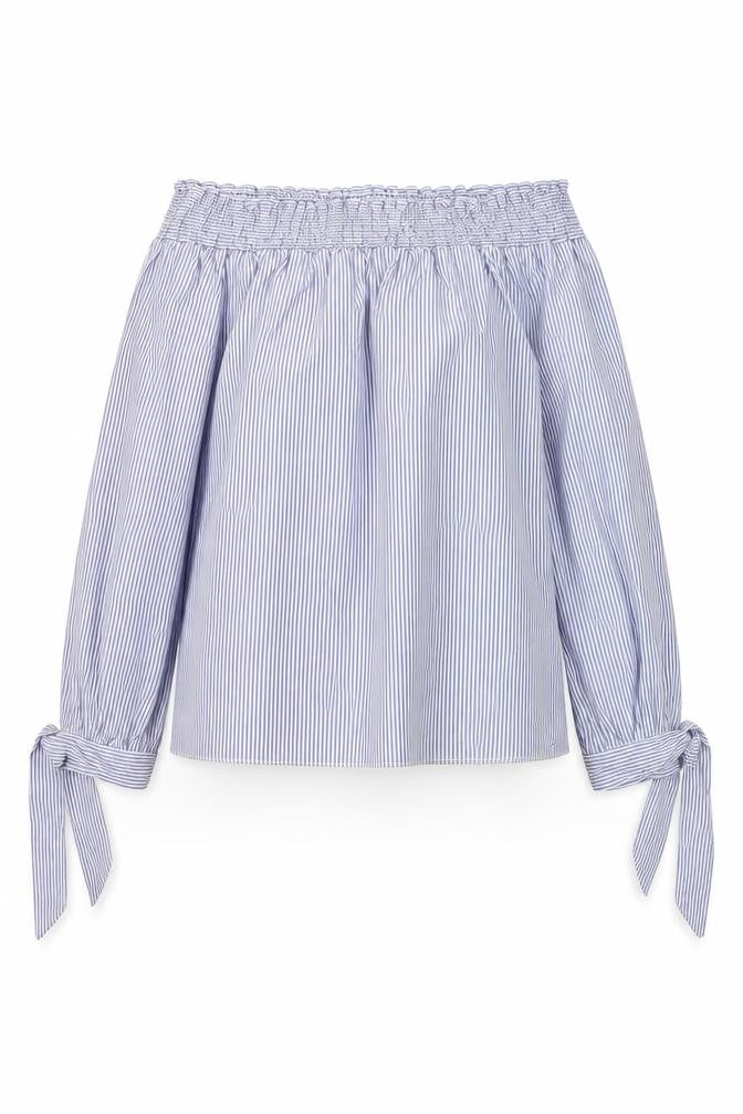 Front view of New Look Women's Blue Striped Off the Shoulder Blouse