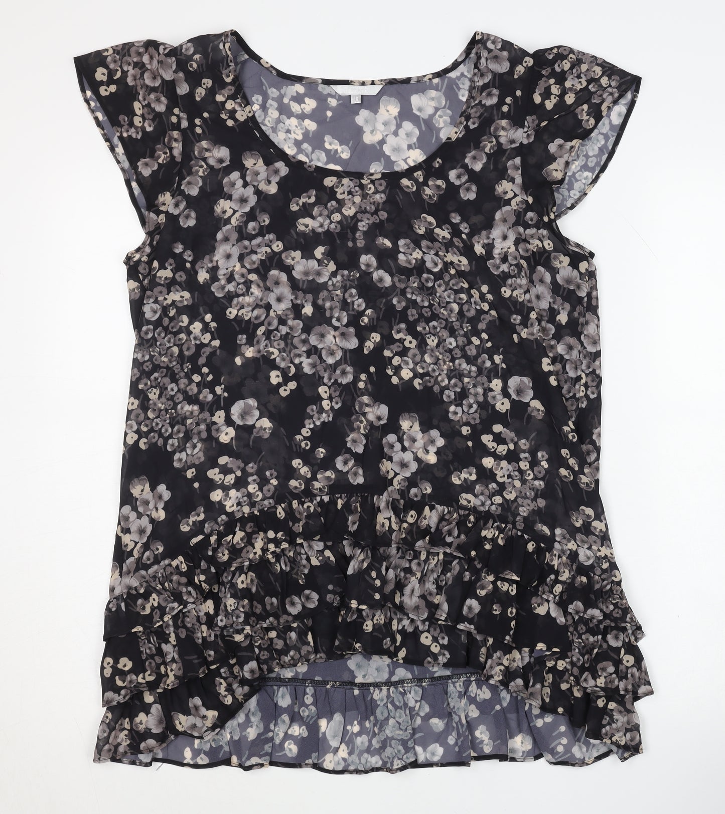 Women's Black Floral Blouse with Ruffle Detail