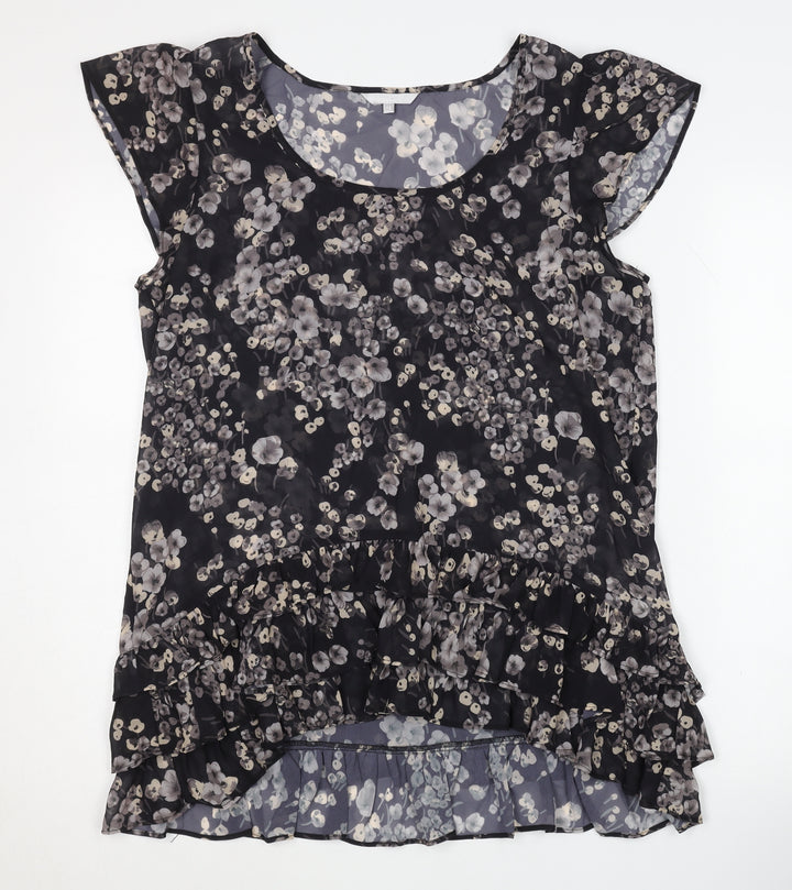 Women's Black Floral Blouse with Ruffle Detail