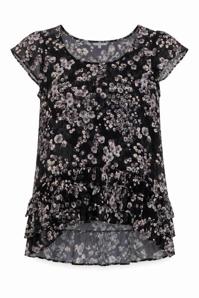 Front view of Women's Black Floral Blouse with Ruffle Detail