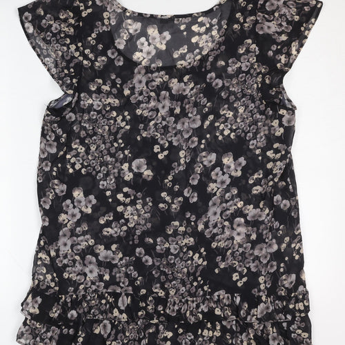 Women's Black Floral Blouse with Ruffle Detail