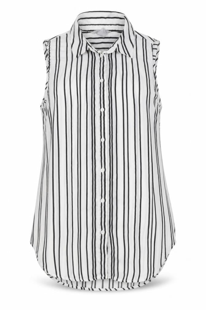 Front view of H&M Women's Black Striped Button-Up Sleeveless Shirt