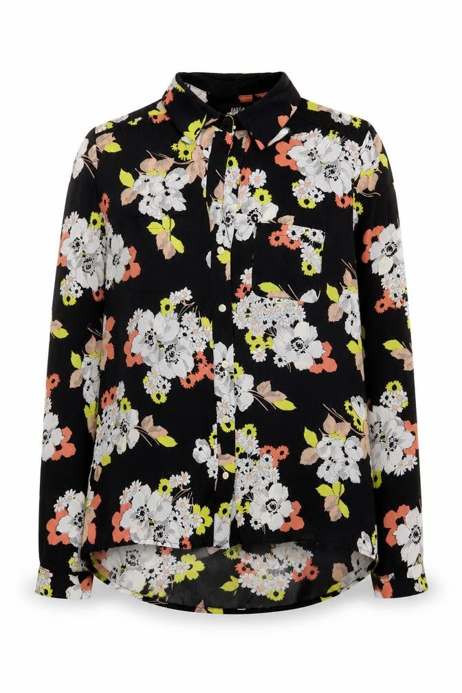 Front view of Oasis Women's Black Floral Blouse, size 10, Collared