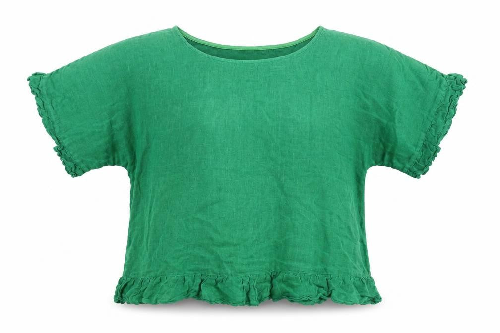 Front view of BESLIKA Women's Green Linen Blouse - One Size, Ruffled