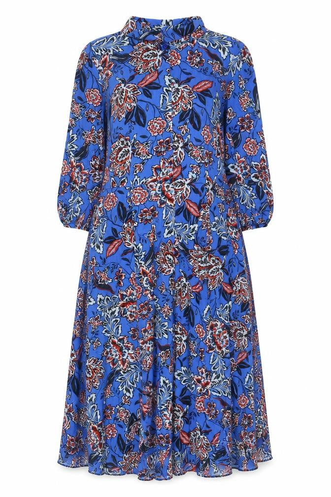 Front view of Next Women's Blue Floral High Neck Dress, size 12