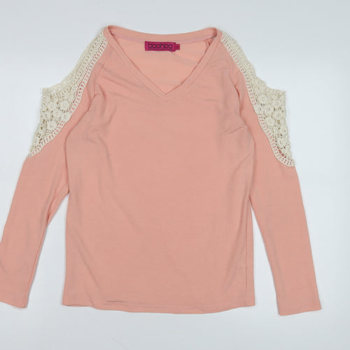 Boohoo Pink V-Neck Cold Shoulder Knit Jumper S