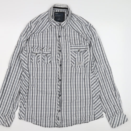 Next Men's Grey Slim Fit Striped Button-Up Shirt L